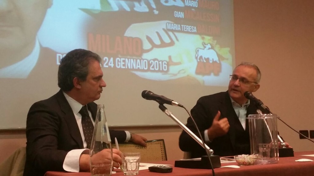 Roberto Fiore with Italian Senator and former Minister of Defence, Mario Mauro, during an APF Conference on